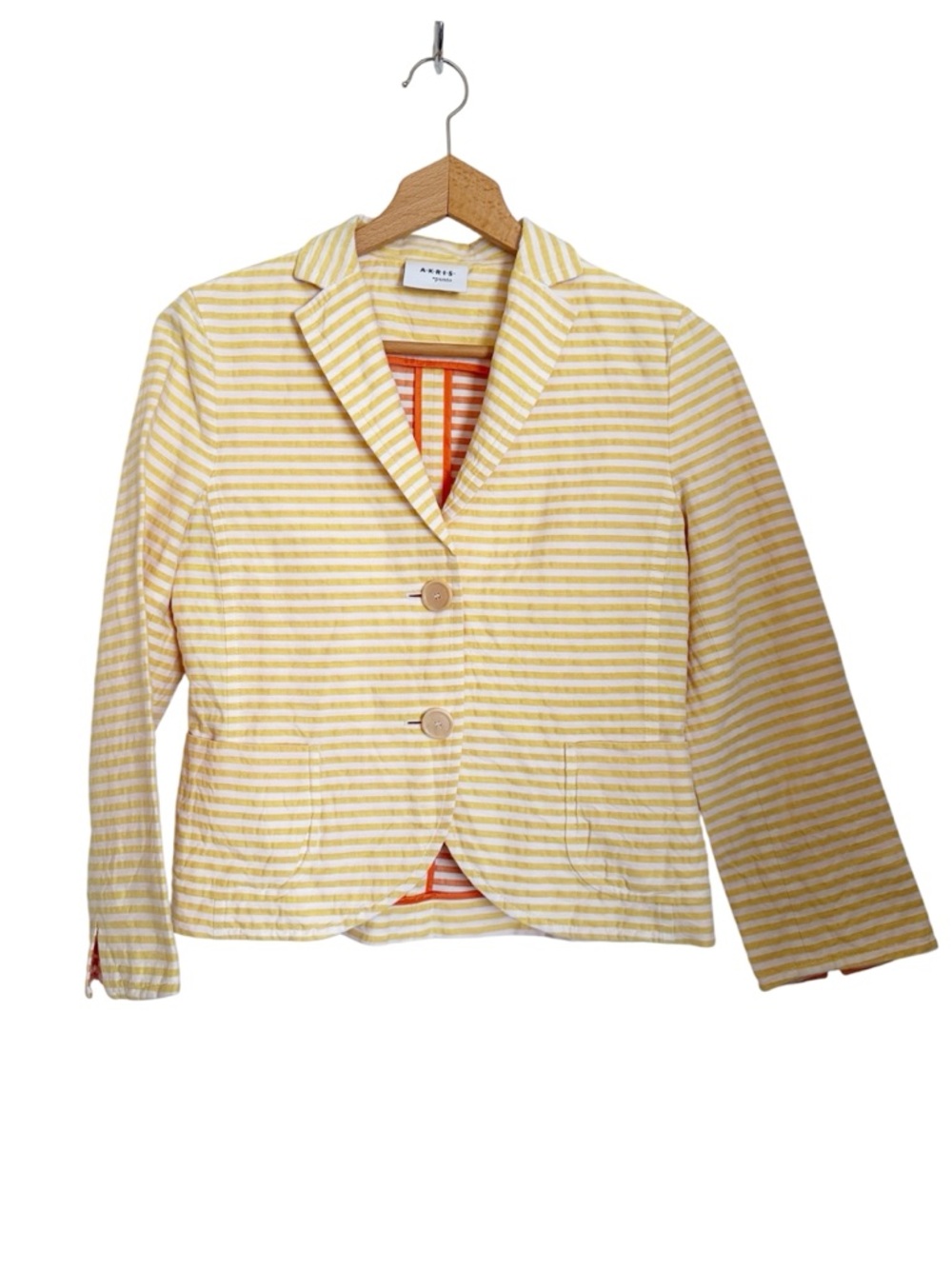 Akris Punto Yellow White Stripe Linen Cotton Blend Preppy Blazer Jacket size 4